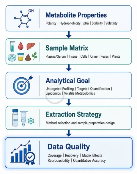 Figure 1. Key Factors Driving Metabolite Extraction Strategy in Mass Spectrometry-Based Metabolomics